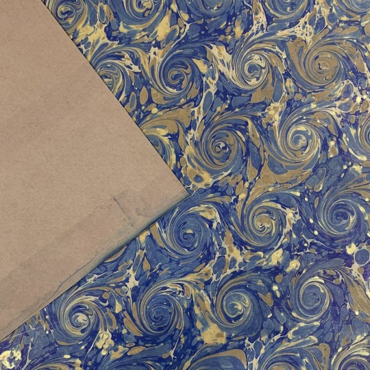 Hand Marbled Paper Combed French Curl Pattern in Dark Blue and Gold ~ Berretti Marbled Arts